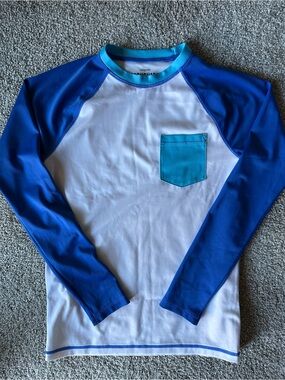 Crewcuts White Rashguard with Royal Blue Sleeves and Teal Pocket